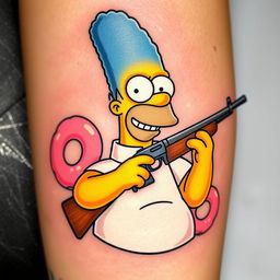 Homer Simpson as a tattoo design, holding a rifle with a playful and humorous expression