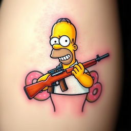 Homer Simpson as a tattoo design, holding a rifle with a playful and humorous expression