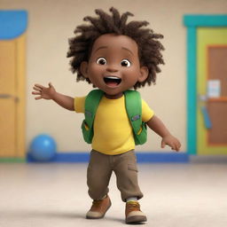 A Pixar-style animated image of an excited Jamaican toddler Rasta boy at preschool. He is wearing a green and yellow shirt, brown pants, and carrying a knapsack on his back