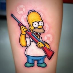 Homer Simpson as a tattoo design, holding a rifle with a playful and humorous expression