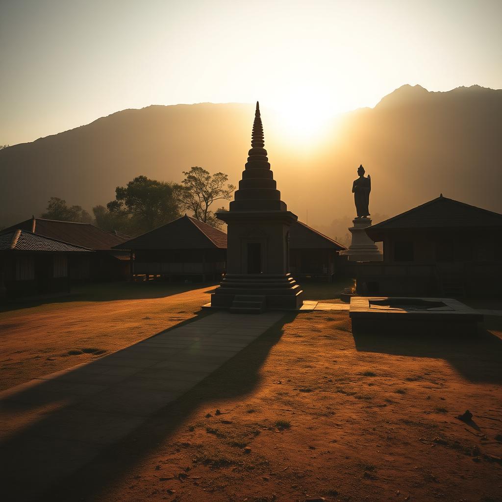 A shadowy landscape of an ancient Myanmar village featuring a small zaydi (stupa), traditional village homes, and a prominent statue, captured in a horizontal orthographic view at human eye level