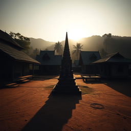 A shadowy landscape of an ancient Myanmar village featuring a small zaydi (stupa), traditional village homes, and a prominent statue, captured in a horizontal orthographic view at human eye level