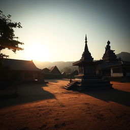 A shadowy landscape of an ancient Myanmar village featuring a small zaydi (stupa), traditional village homes, and a prominent statue, captured in a horizontal orthographic view at human eye level