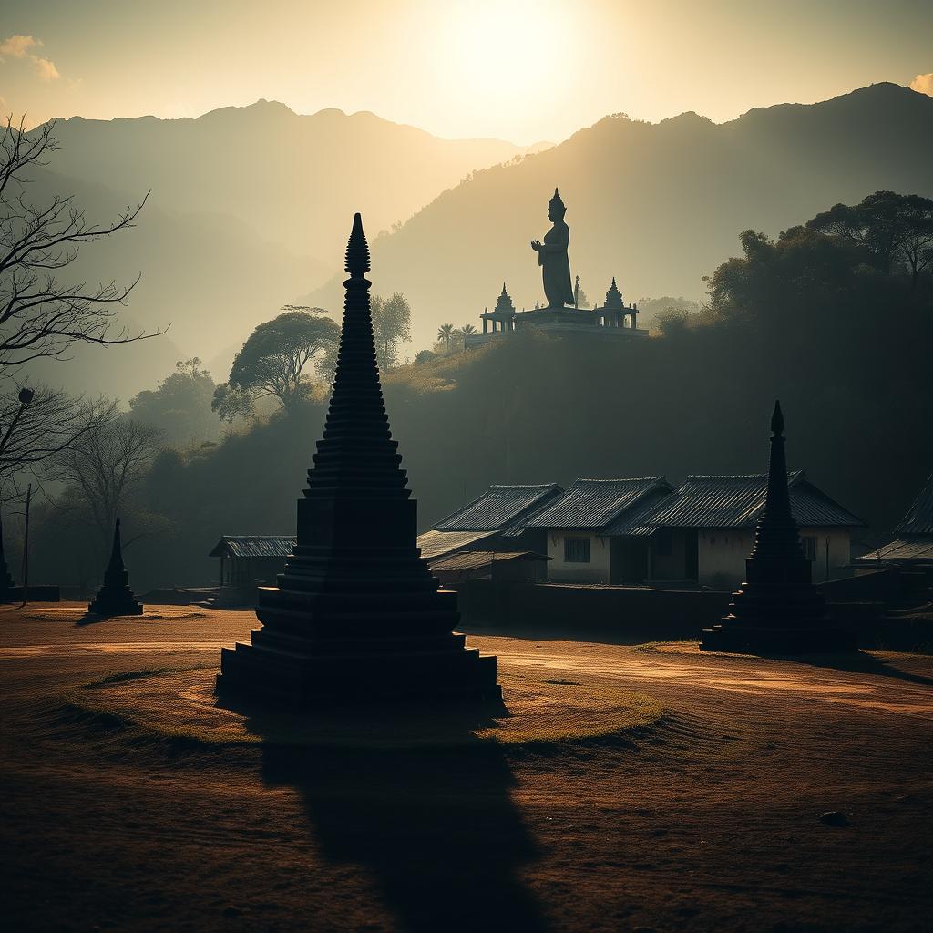 A shadowy landscape of an ancient Myanmar village featuring a small zaydi (stupa), traditional village homes, and a prominent statue, captured in a horizontal orthographic view at human eye level