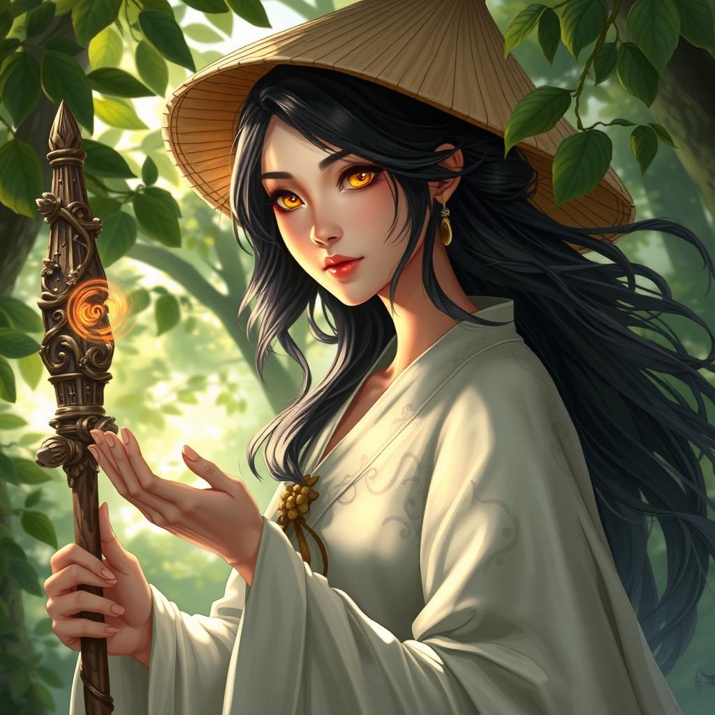 A compelling D&D character illustration of an Asian human woman, embodying the spirit of a druid