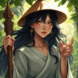 A compelling D&D character illustration of an Asian human woman, embodying the spirit of a druid