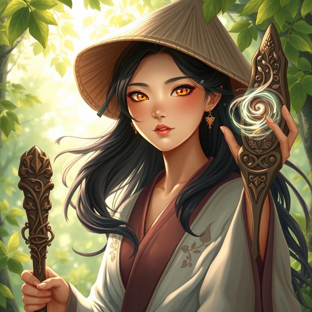 A compelling D&D character illustration of an Asian human woman, embodying the spirit of a druid