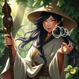 A compelling D&D character illustration of an Asian human woman, embodying the spirit of a druid