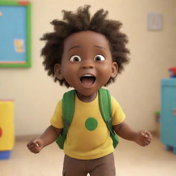 A Pixar-style animated image of an excited Jamaican toddler Rasta boy at preschool. He is wearing a green and yellow shirt, brown pants, and carrying a knapsack on his back