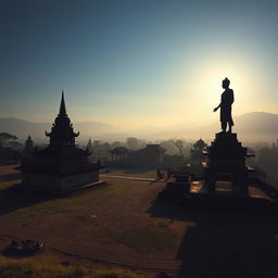 A grand shadowy landscape of an ancient Myanmar village, showcasing a small zaydi (stupa), quaint village homes, and a striking statue, captured in a horizontal orthographic view with the horizon at the middle level