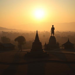 A grand shadowy landscape of an ancient Myanmar village, showcasing a small zaydi (stupa), quaint village homes, and a striking statue, captured in a horizontal orthographic view with the horizon at the middle level