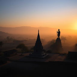 A grand shadowy landscape of an ancient Myanmar village, showcasing a small zaydi (stupa), quaint village homes, and a striking statue, captured in a horizontal orthographic view with the horizon at the middle level