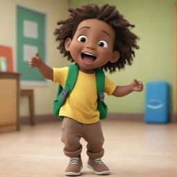 A Pixar-style animated image of an excited Jamaican toddler Rasta boy at preschool. He is wearing a green and yellow shirt, brown pants, and carrying a knapsack on his back