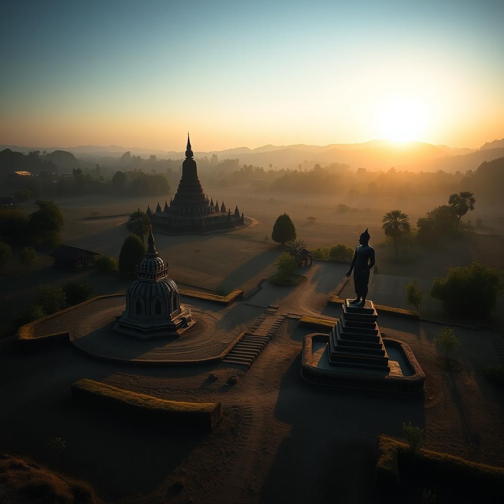 A grand shadowy landscape of an ancient Myanmar village, showcasing a small zaydi (stupa), quaint village homes, and a striking statue, captured in a horizontal orthographic view with the horizon at the middle level