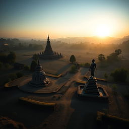 A grand shadowy landscape of an ancient Myanmar village, showcasing a small zaydi (stupa), quaint village homes, and a striking statue, captured in a horizontal orthographic view with the horizon at the middle level