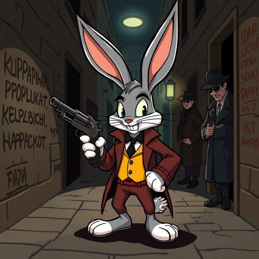 a cartoon-style image featuring a rabbit resembling Pernalonga (Bugs Bunny) with exaggerated traits, holding a classic gangster gun like a tommy gun, surrounded by dramatic shadows that create a sense of mystery and intrigue, set in the context of Russian mafia influences with elements like Cyrillic graffiti on walls, and mafia members in trench coats and fedoras