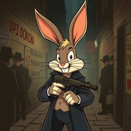 a cartoon-style image featuring a rabbit resembling Pernalonga (Bugs Bunny) with exaggerated traits, holding a classic gangster gun like a tommy gun, surrounded by dramatic shadows that create a sense of mystery and intrigue, set in the context of Russian mafia influences with elements like Cyrillic graffiti on walls, and mafia members in trench coats and fedoras