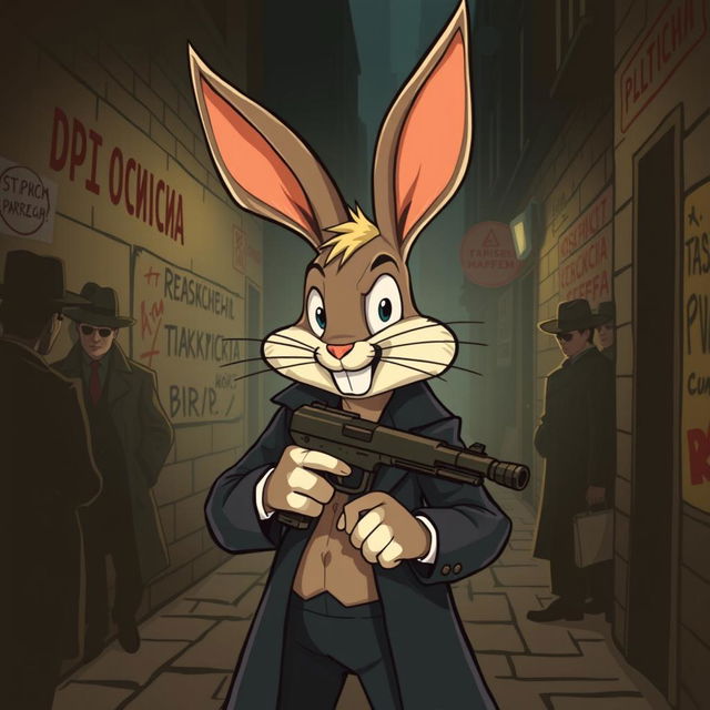 a cartoon-style image featuring a rabbit resembling Pernalonga (Bugs Bunny) with exaggerated traits, holding a classic gangster gun like a tommy gun, surrounded by dramatic shadows that create a sense of mystery and intrigue, set in the context of Russian mafia influences with elements like Cyrillic graffiti on walls, and mafia members in trench coats and fedoras