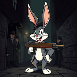 a cartoon-style image featuring a rabbit resembling Pernalonga (Bugs Bunny) with exaggerated traits, holding a classic gangster gun like a tommy gun, surrounded by dramatic shadows that create a sense of mystery and intrigue, set in the context of Russian mafia influences with elements like Cyrillic graffiti on walls, and mafia members in trench coats and fedoras