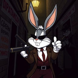 a cartoon-style image featuring a rabbit resembling Pernalonga (Bugs Bunny) with exaggerated traits, holding a classic gangster gun like a tommy gun, surrounded by dramatic shadows that create a sense of mystery and intrigue, set in the context of Russian mafia influences with elements like Cyrillic graffiti on walls, and mafia members in trench coats and fedoras