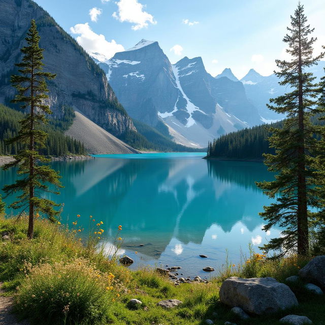 A breathtaking lake surrounded by majestic mountains, reflecting the clear blue sky on its pristine surface