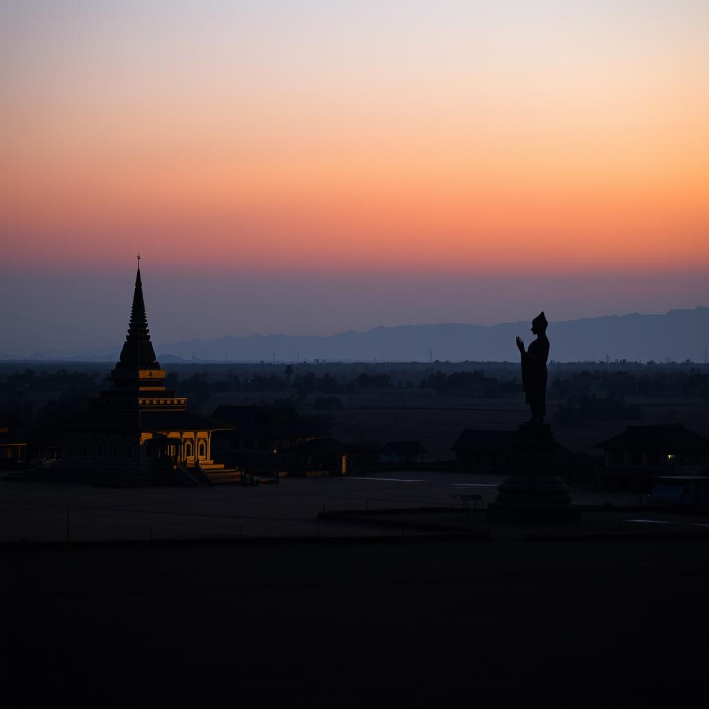 A vast shadowy landscape of an ancient Myanmar village, featuring a small zaydi (stupa), quaint village homes, and a striking statue, captured in a horizontal orthographic view with the horizon at mid-level, set against a flat terrain without any mountains