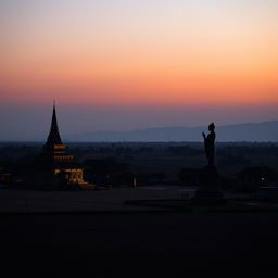 A vast shadowy landscape of an ancient Myanmar village, featuring a small zaydi (stupa), quaint village homes, and a striking statue, captured in a horizontal orthographic view with the horizon at mid-level, set against a flat terrain without any mountains