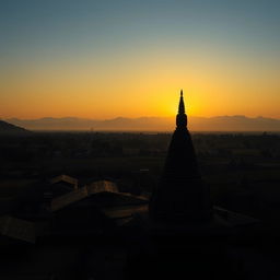 A vast shadowy landscape of an ancient Myanmar village, featuring a small zaydi (stupa), quaint village homes, and a striking statue, captured in a horizontal orthographic view with the horizon at mid-level, set against a flat terrain without any mountains