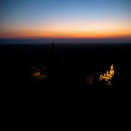 A vast shadowy landscape of an ancient Myanmar village, featuring a small zaydi (stupa), quaint village homes, and a striking statue, captured in a horizontal orthographic view with the horizon at mid-level, set against a flat terrain without any mountains