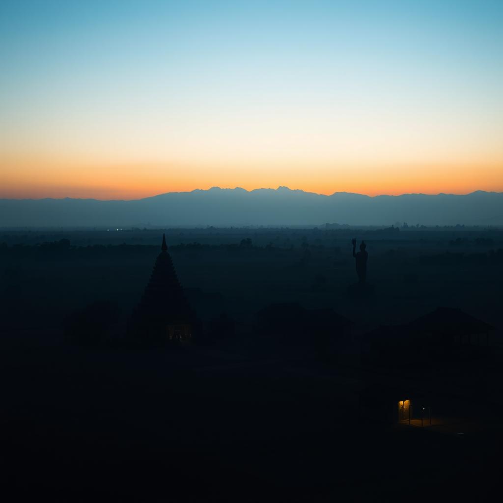 A vast shadowy landscape of an ancient Myanmar village, featuring a small zaydi (stupa), quaint village homes, and a striking statue, captured in a horizontal orthographic view with the horizon at mid-level, set against a flat terrain without any mountains