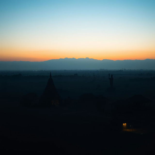 A vast shadowy landscape of an ancient Myanmar village, featuring a small zaydi (stupa), quaint village homes, and a striking statue, captured in a horizontal orthographic view with the horizon at mid-level, set against a flat terrain without any mountains