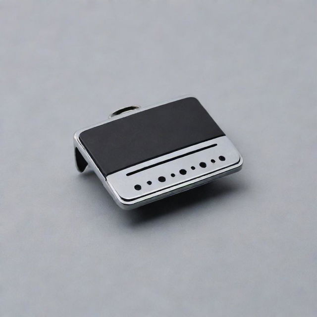 An exquisite miniature car vent clip, horizontally extended, rectangular in shape with rounded edges. Made from black plastic, with chrome elements and perforations, housing a rectangular scent cartridge inside.