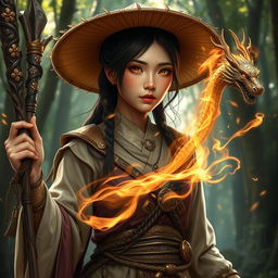 A realistic depiction of a D&D character combining the grace of an Asian human woman druid with the fierce power of a dragonfire adept