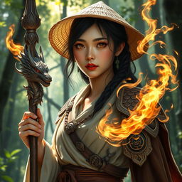 A realistic depiction of a D&D character combining the grace of an Asian human woman druid with the fierce power of a dragonfire adept