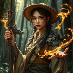 A realistic depiction of a D&D character combining the grace of an Asian human woman druid with the fierce power of a dragonfire adept