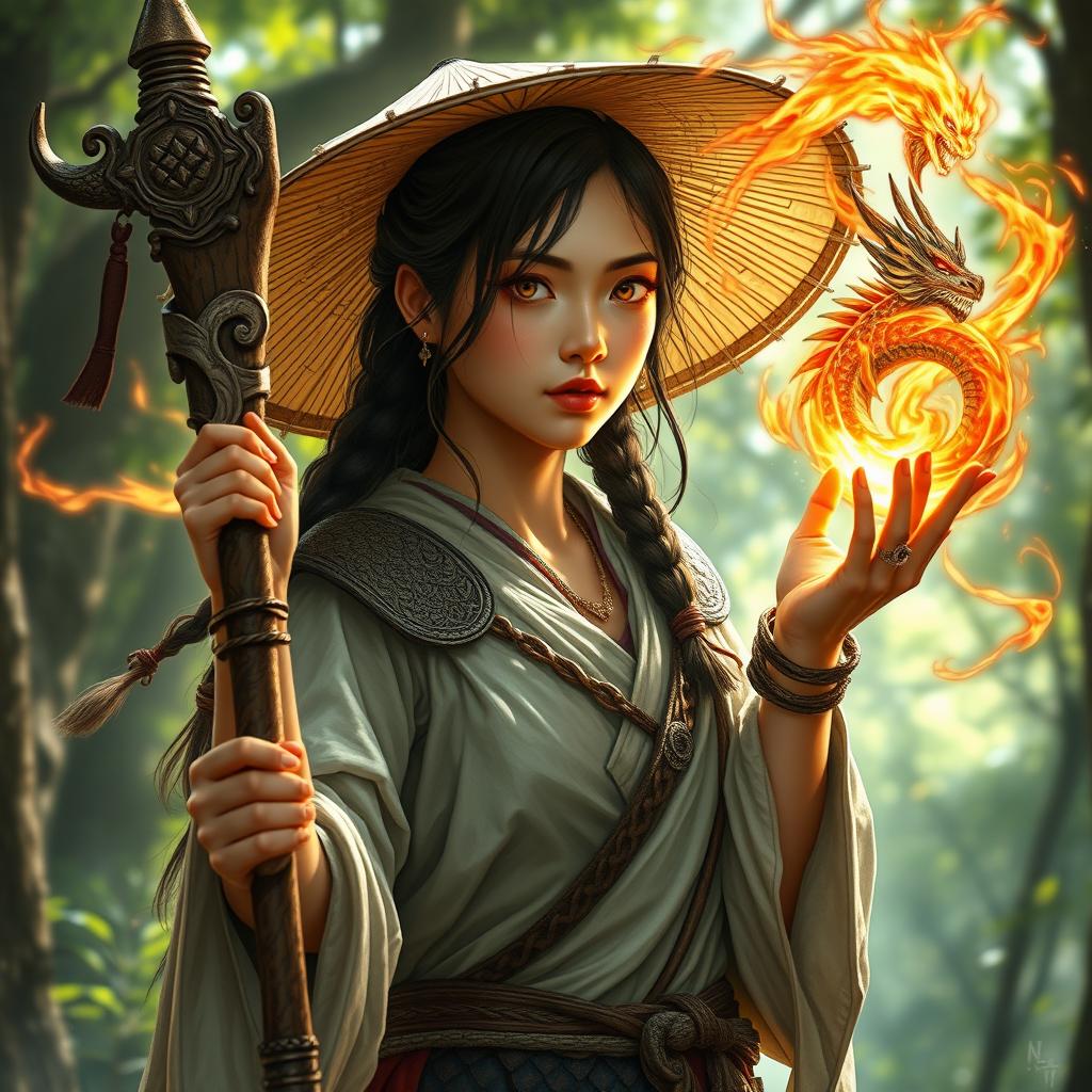 A realistic depiction of a D&D character combining the grace of an Asian human woman druid with the fierce power of a dragonfire adept