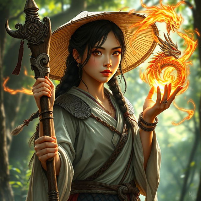 A realistic depiction of a D&D character combining the grace of an Asian human woman druid with the fierce power of a dragonfire adept