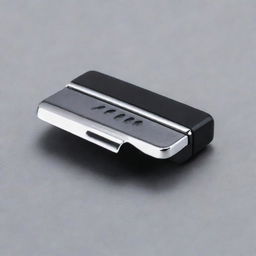 An exquisite miniature car vent clip, horizontally extended, rectangular in shape with rounded edges. Made from black plastic, with chrome elements and perforations, housing a rectangular scent cartridge inside.