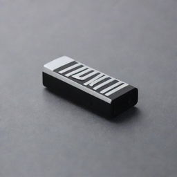 An exquisite miniature car vent clip, horizontally extended, rectangular in shape with rounded edges. Made from black plastic, with chrome elements and perforations, housing a rectangular scent cartridge inside.