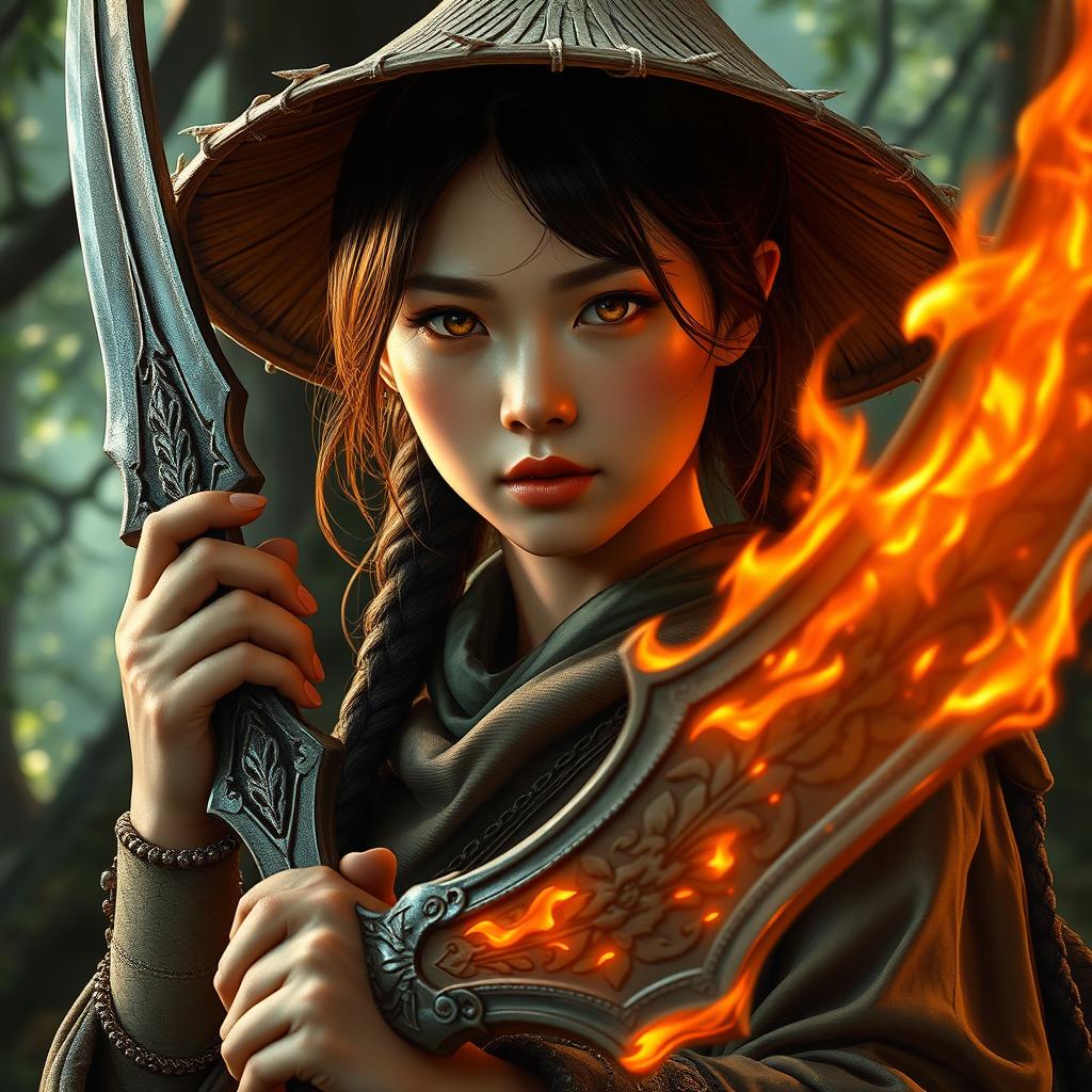 A realistic portrayal of a D&D character featuring an Asian human woman who embodies the dual roles of a druid and dragon-fire adept