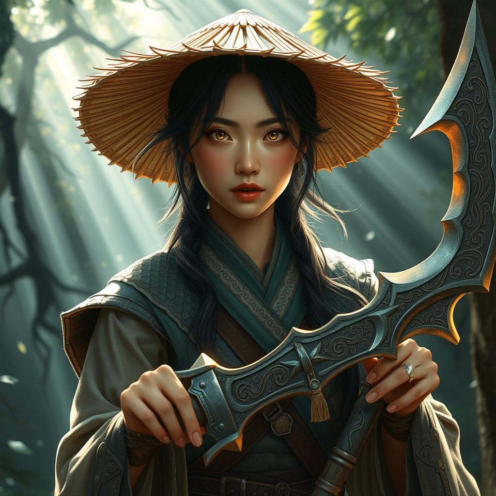 A realistic portrayal of a D&D character featuring an Asian human woman who embodies the dual roles of a druid and dragon-fire adept