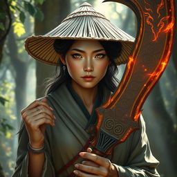 A realistic portrayal of a D&D character featuring an Asian human woman who embodies the dual roles of a druid and dragon-fire adept