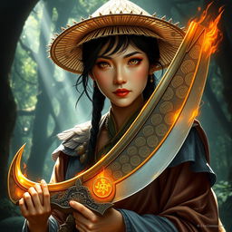 A realistic portrayal of a D&D character featuring an Asian human woman who embodies the dual roles of a druid and dragon-fire adept