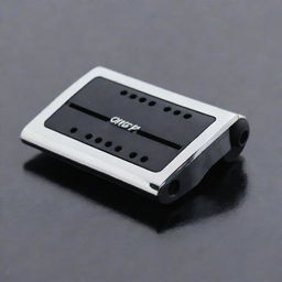 An exquisite miniature car vent clip, horizontally extended, rectangular in shape with rounded edges. Made from black plastic, with chrome elements and perforations, housing a rectangular scent cartridge inside.