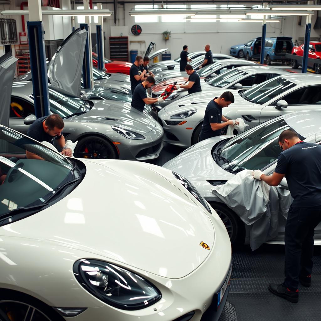 a lively car workshop scene where skilled mechanics are tuning high-performance cars with precision tools