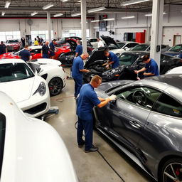 a lively car workshop scene where skilled mechanics are tuning high-performance cars with precision tools