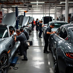 a lively car workshop scene where skilled mechanics are tuning high-performance cars with precision tools