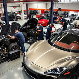 a lively car workshop scene where skilled mechanics are tuning high-performance cars with precision tools