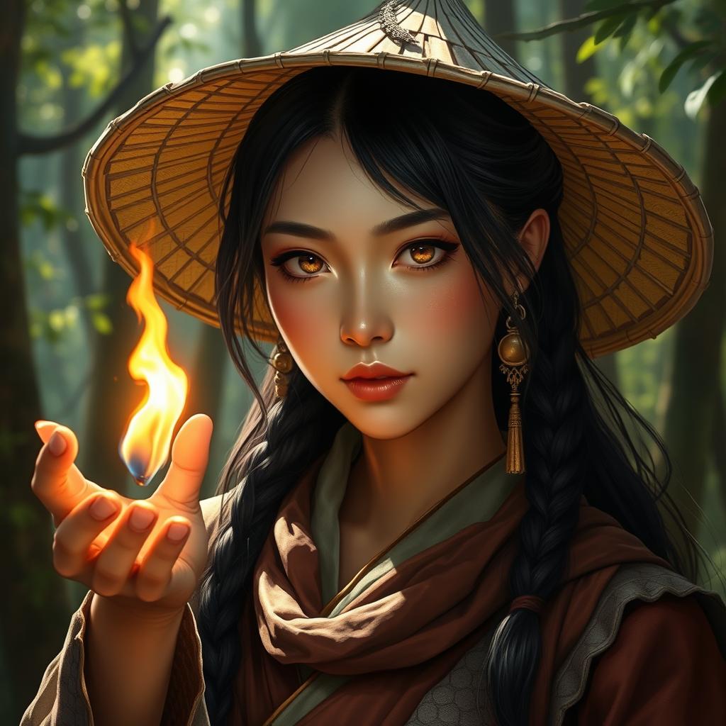 A realistic and captivating portrayal of a D&D character, an Asian human woman who expertly blends the mystical roles of a druid and dragon-fire adept