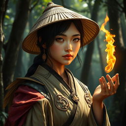 A realistic and captivating portrayal of a D&D character, an Asian human woman who expertly blends the mystical roles of a druid and dragon-fire adept